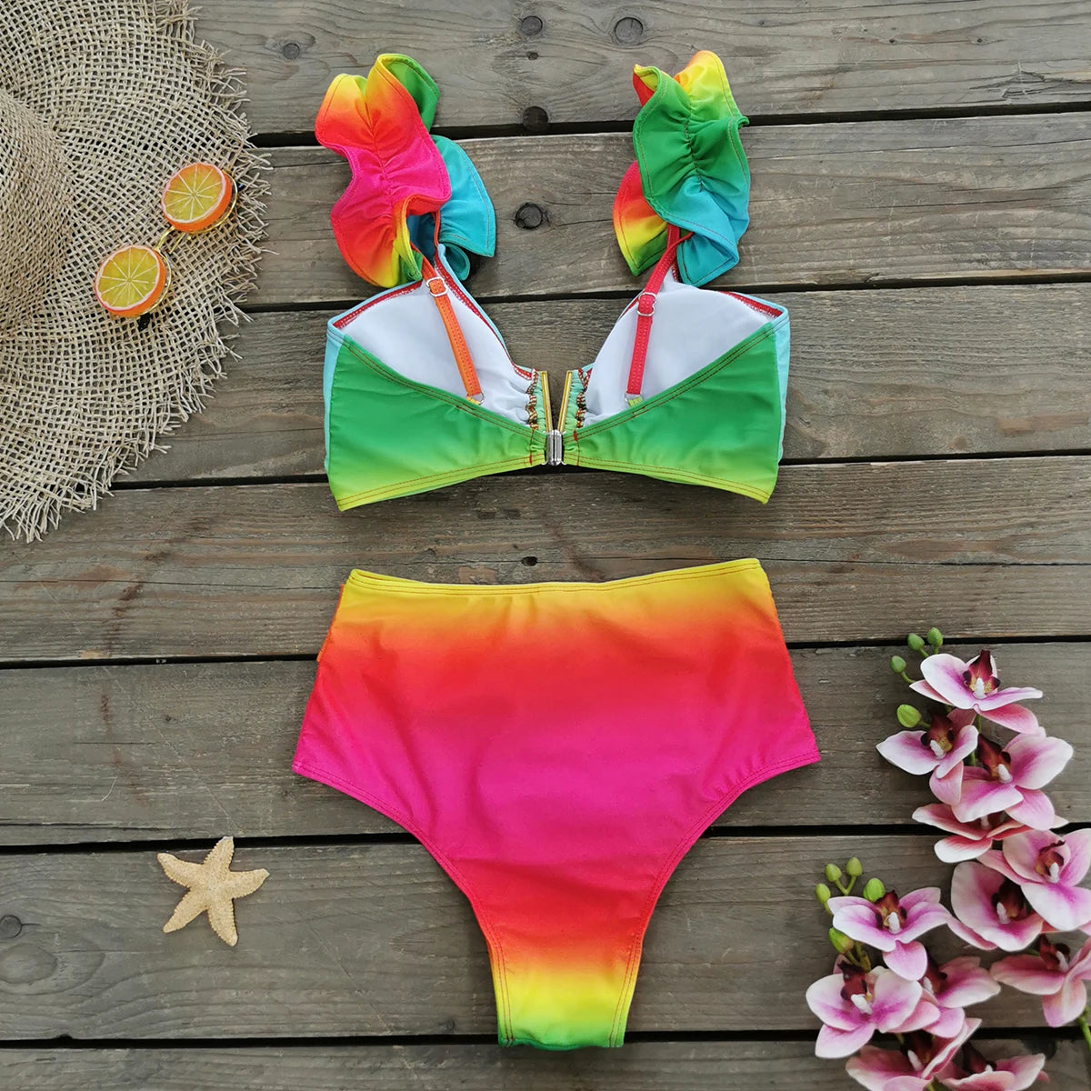 V-Neck High Waist Bikini Sets Shoulder Ruffled Printed Swimsuit Two Piece Swimwear Bathing Suits The Clothing Company Sydney