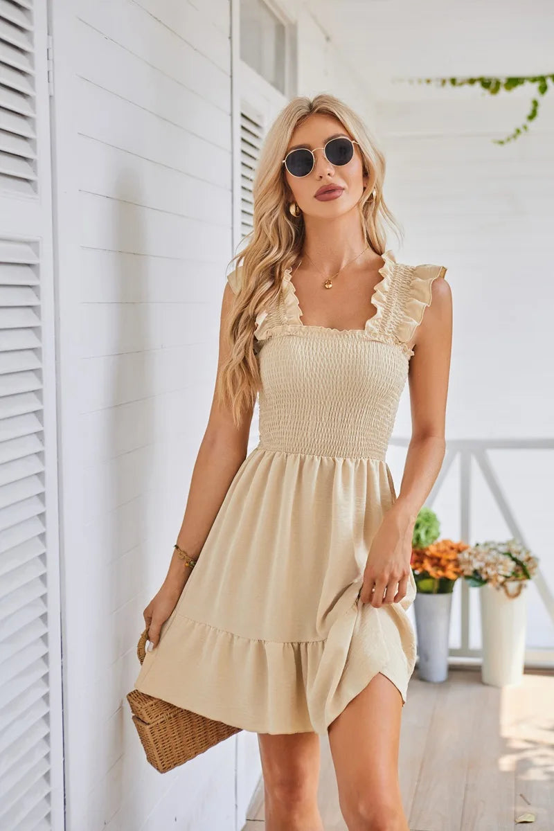Womens Summer Casual Boho Sleeveless Backless Square Neck Smocked Ruffle Mini Dress A-Line Swing Sundress - The Clothing Company Sydney