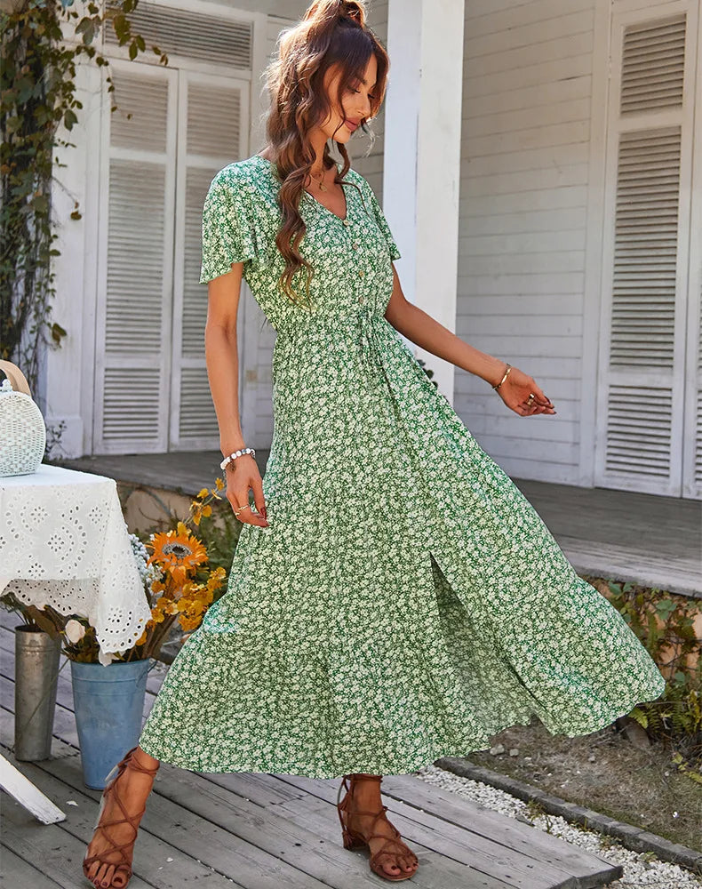 Vintage Floral Dresses for Women Elegant Loose Slit Summer Beach Holiday Leisure Long High Waist Print Dress - The Clothing Company Sydney