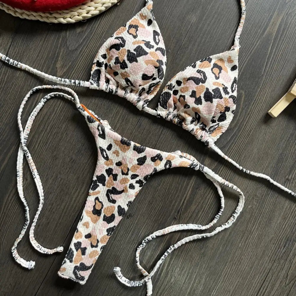 Two Piece Bikini Set Leopard Print Halter Bikini Set Cherry Print Thong Swimsuit High Waist Lace-up Bathing Suit - The Clothing Company Sydney