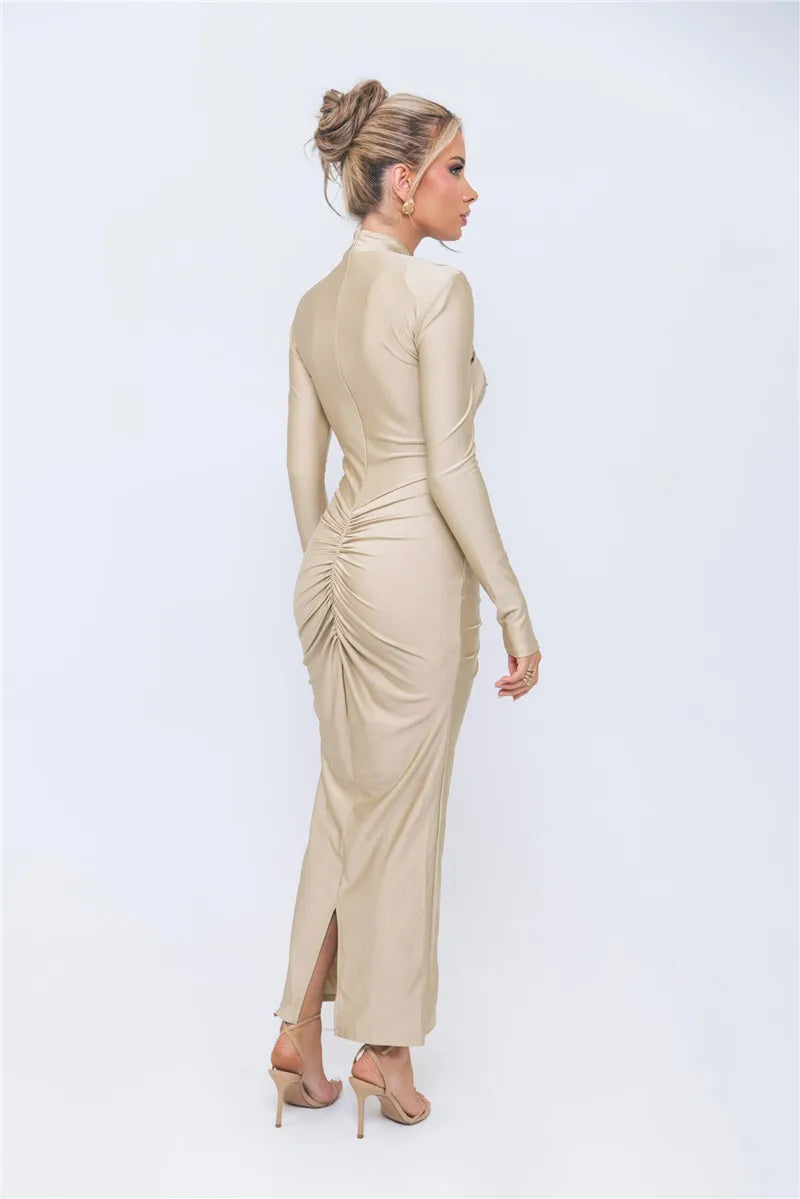 Hollow Out Long Sleeve Maxi Dress Gown Autumn Winter New Metal Buckle Ruched Slit Long Elegant Dress - The Clothing Company Sydney