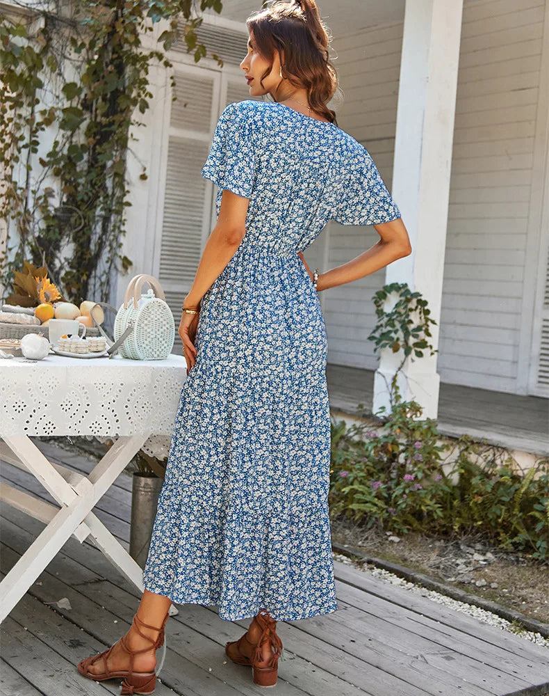 Vintage Floral Dresses for Women Elegant Loose Slit Summer Beach Holiday Leisure Long High Waist Print Dress - The Clothing Company Sydney