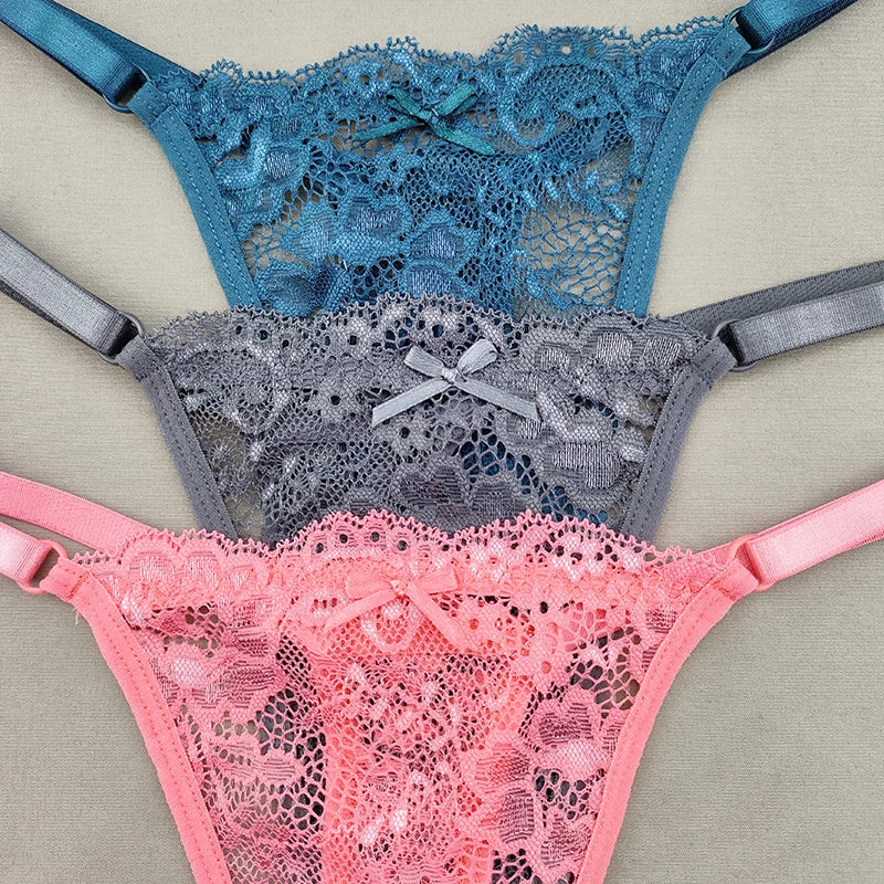 3 Pack Women's Lace Hollow Out Thongs Thin Sheer G-Strings Ultra-low Rise Seamless Panties Perspective Bow Knickers - The Clothing Company Sydney