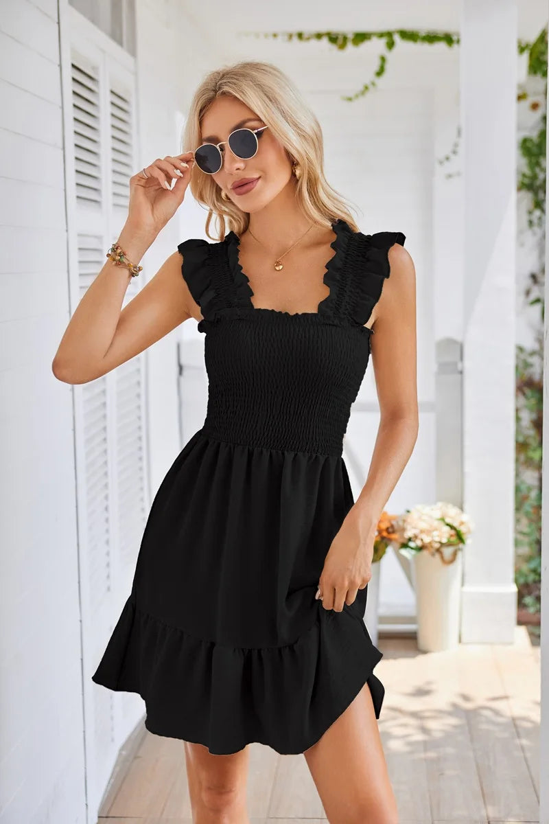 Womens Summer Casual Boho Sleeveless Backless Square Neck Smocked Ruffle Mini Dress A-Line Swing Sundress - The Clothing Company Sydney