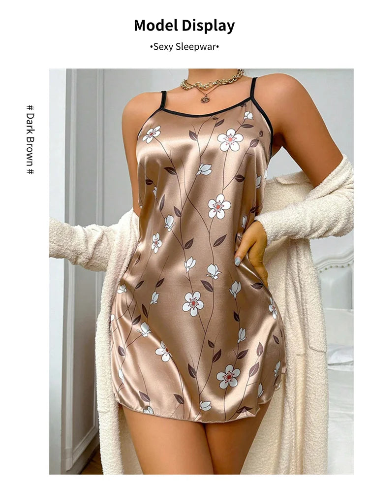 Women's Nightgown Satin Floral Print Spaghetti Strap Sleepwear Dress Luxurious Satin Slip Nightdress The Clothing Company Sydney