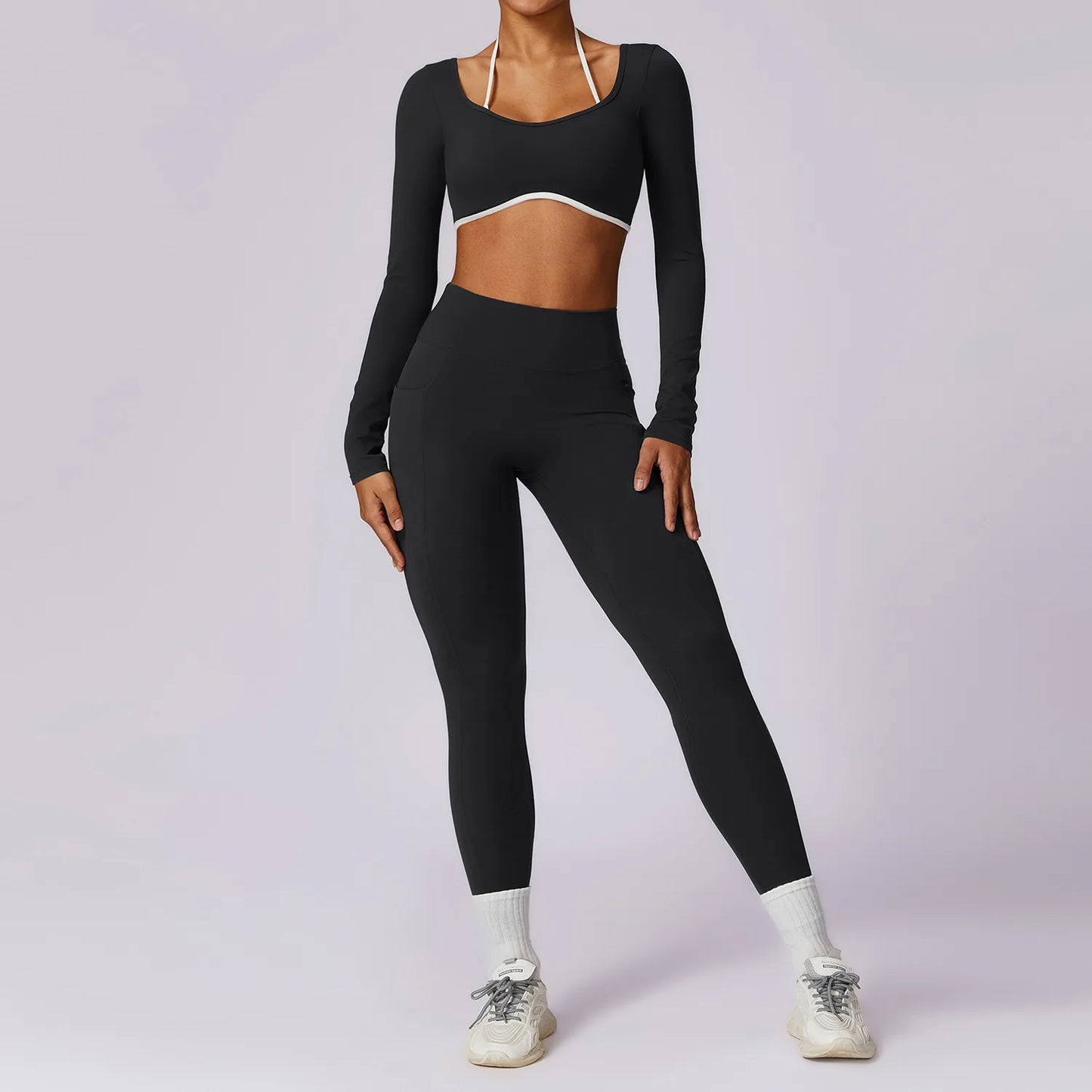 2 Piece Womens Tracksuit Yoga Set Workout Sportswear Gym Clothing Fitness Long Sleeve Crop Top High Waist Leggings Sports Suits - The Clothing Company Sydney