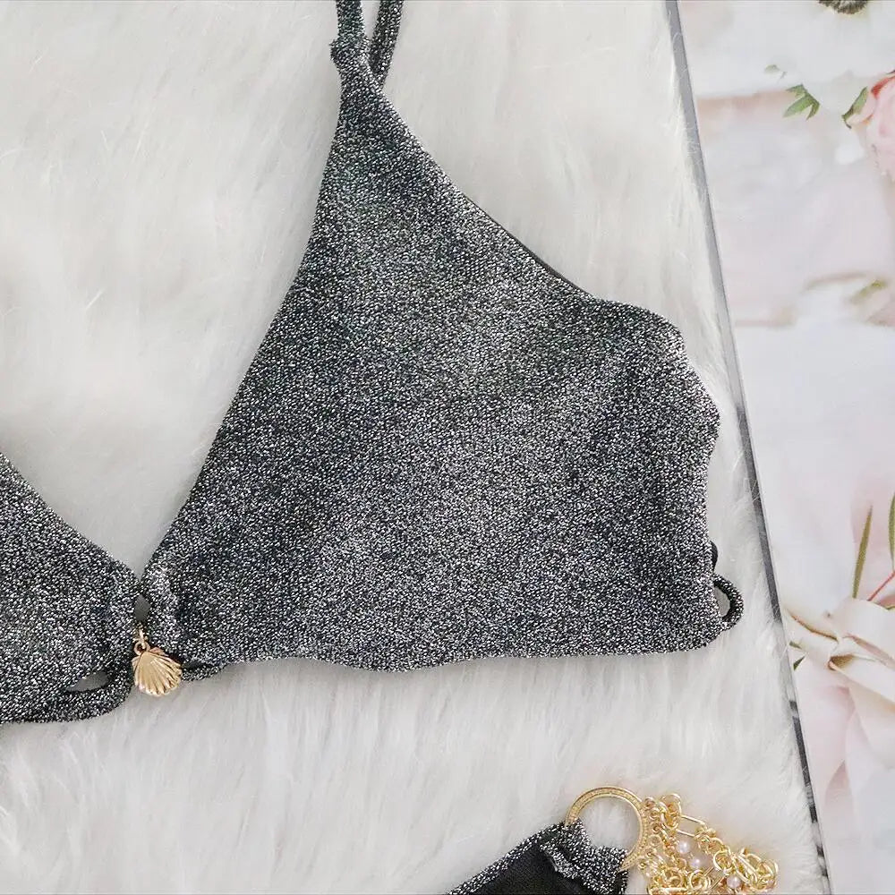 Rhinestone Two 2 Piece Swimsuit Crystal Thong String Bikini Set Women Swimwear Beach Wear Bathing Suit - The Clothing Company Sydney