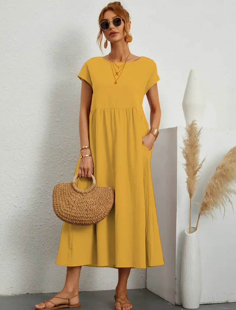 Women's Elegant Dress Summer Short Sleeve O-Neck Vintage Cotton Linen Comfortable Loose Pocket Long Dress - The Clothing Company Sydney