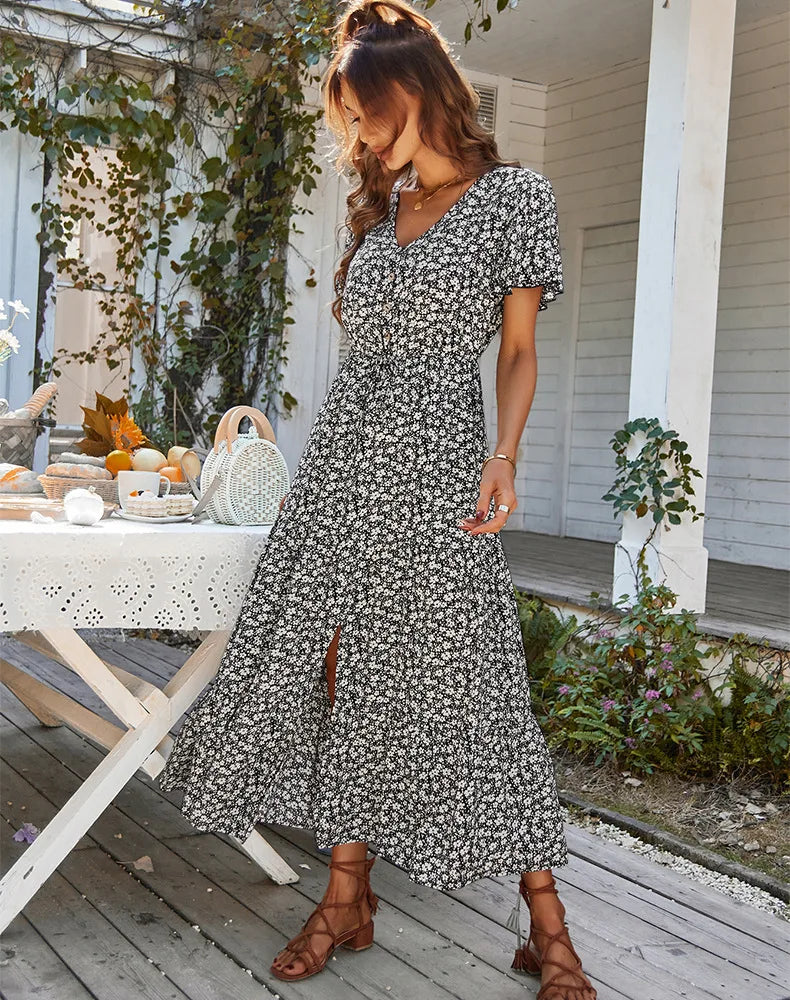 Vintage Floral Dresses for Women Elegant Loose Slit Summer Beach Holiday Leisure Long High Waist Print Dress - The Clothing Company Sydney