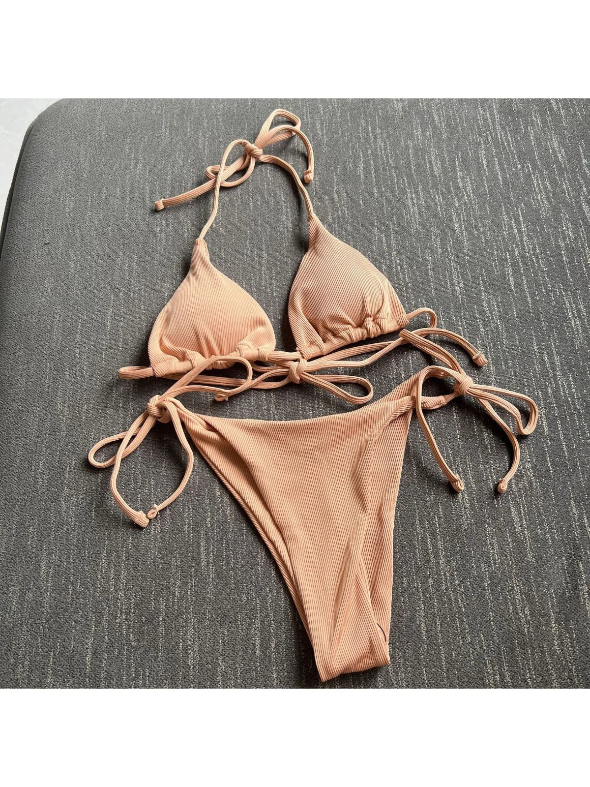 2 Piece Bathing Suit Ribbed Backless Pads Women Bikini Set Halter Triangle Bra Side Tie Thong Swimwear Set - The Clothing Company Sydney