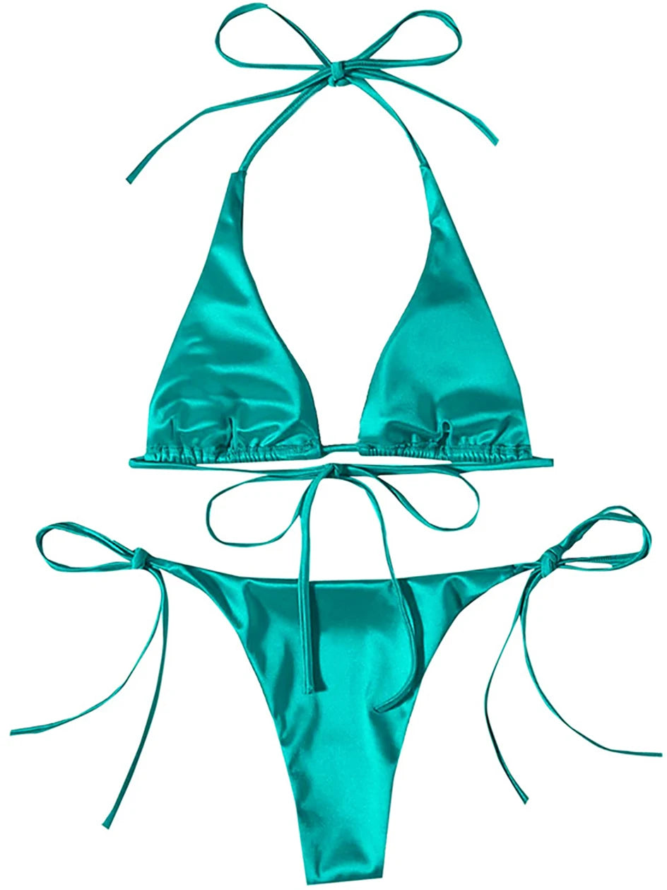 Metallic Halter Triangle Swimsuit Women Swimwear Bathing Suits Brazilian Thong Micro Bikinis Set Beach Wear