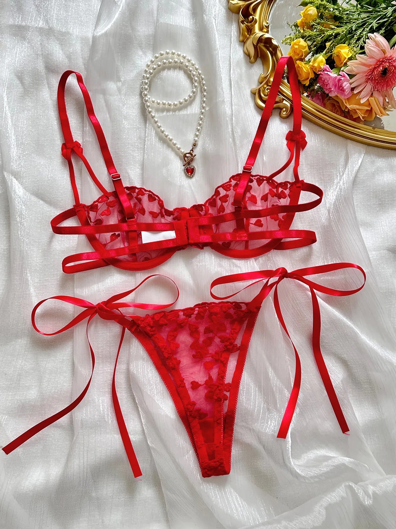 Heart Shaped Embroidery 2 Piece Lace Lineries Outfit Set - The Clothing Company Sydney