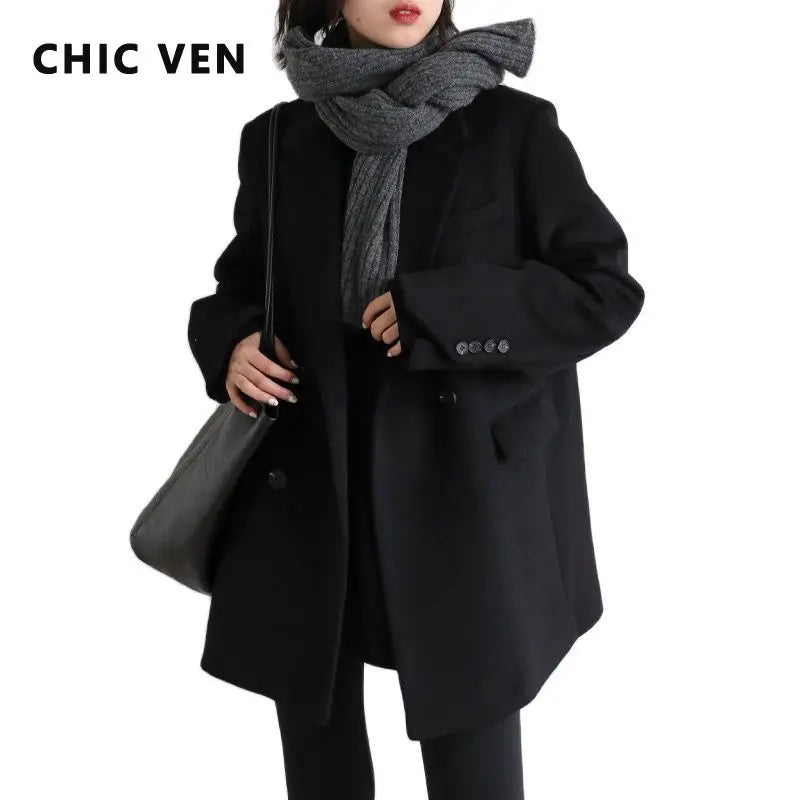 Women's Wool Blend Coat Solid Mid Long Woollen Blazer Thick Warm Blouse Overcoat Office Autumn Winter Jacket - The Clothing Company Sydney