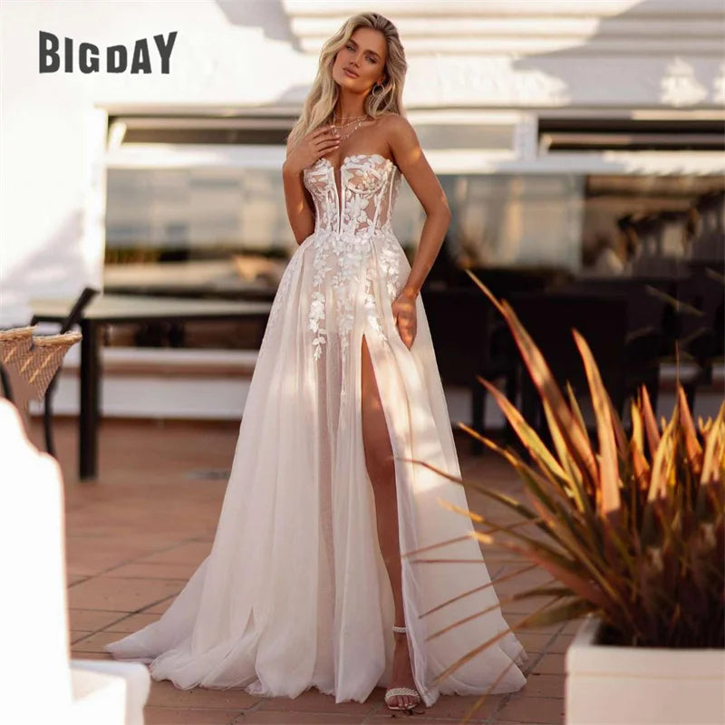 Elegant A-Line Wedding Dress Women  Lace Sweetheart Tulle Open Back Slit Strapless Bridal Gown Sweep Customized Dress The Clothing Company Sydney