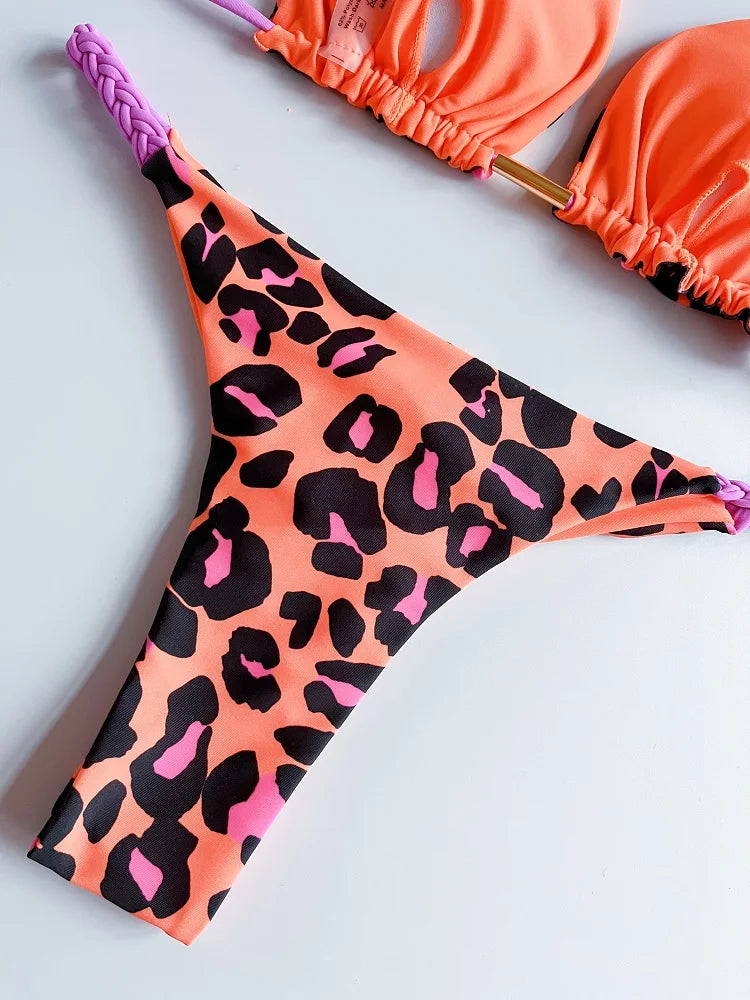Women's Braided rope Micro Bikinis Swimsuit Leopard Print Beach Bathing Suit - The Clothing Company Sydney