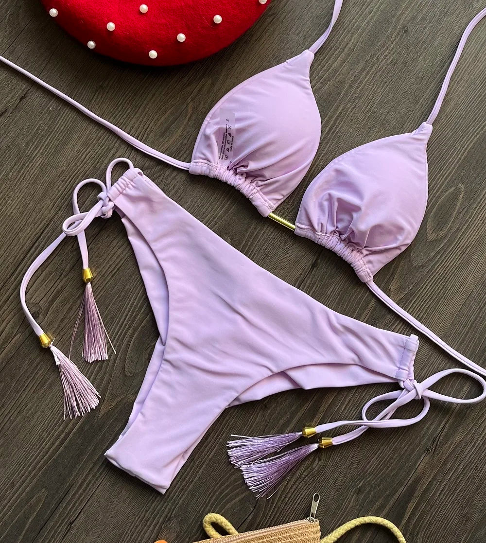 2 Piece Triangle Bathing Suit for Women Brazilian Bikinis Halter Swimwear Push Up Swimsuit Metal Chain Beach Bikini Set The Clothing Company Sydney