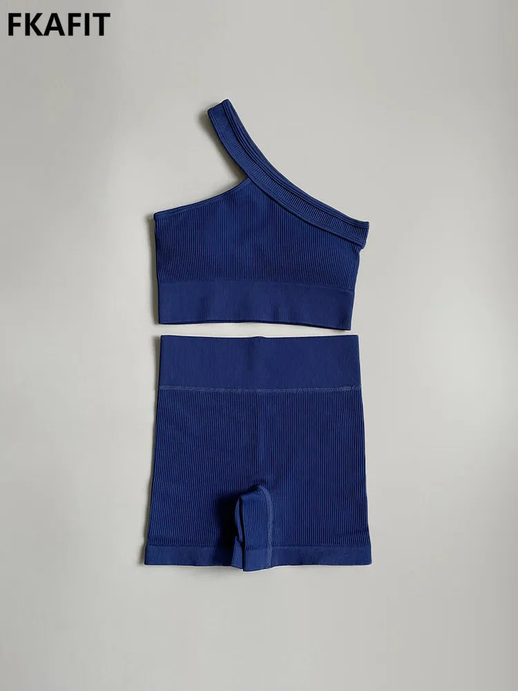 2 Piece Seamless Women Sport Suit Fitness One Shoulder Yoga Set Push Up Bra Workout Gym Shorts Running Clothing Sportswear Tracksuit The Clothing Company Sydney