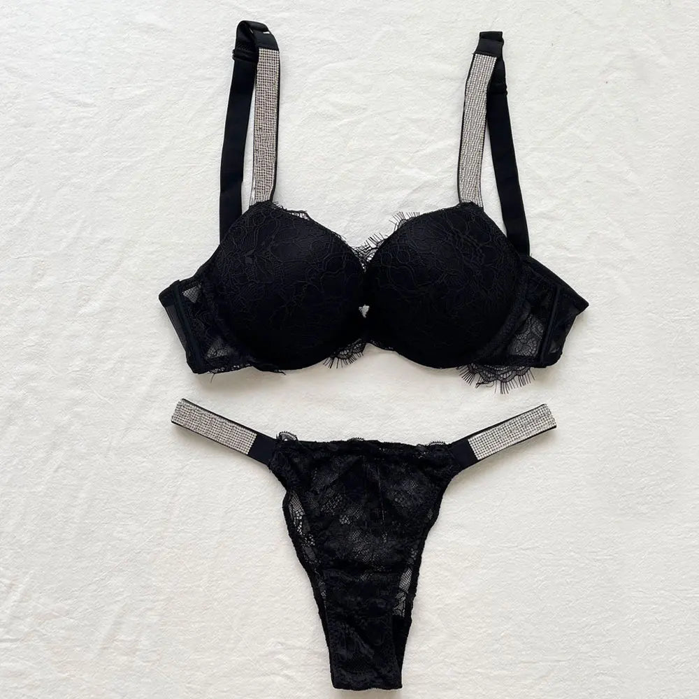 2 Piece Rhinestone Letter Seamless Bra Panties Backless Wireless Set Underwear Push Up Bra luxurious Women Lingerie Set The Clothing Company Sydney