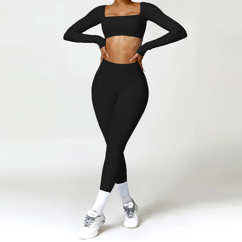 2 Piece Long Sleeve Gym Set Women Yoga Clothes Quick-Drying Sportswear Running Leggings Workout Sports Crop Top Shorts