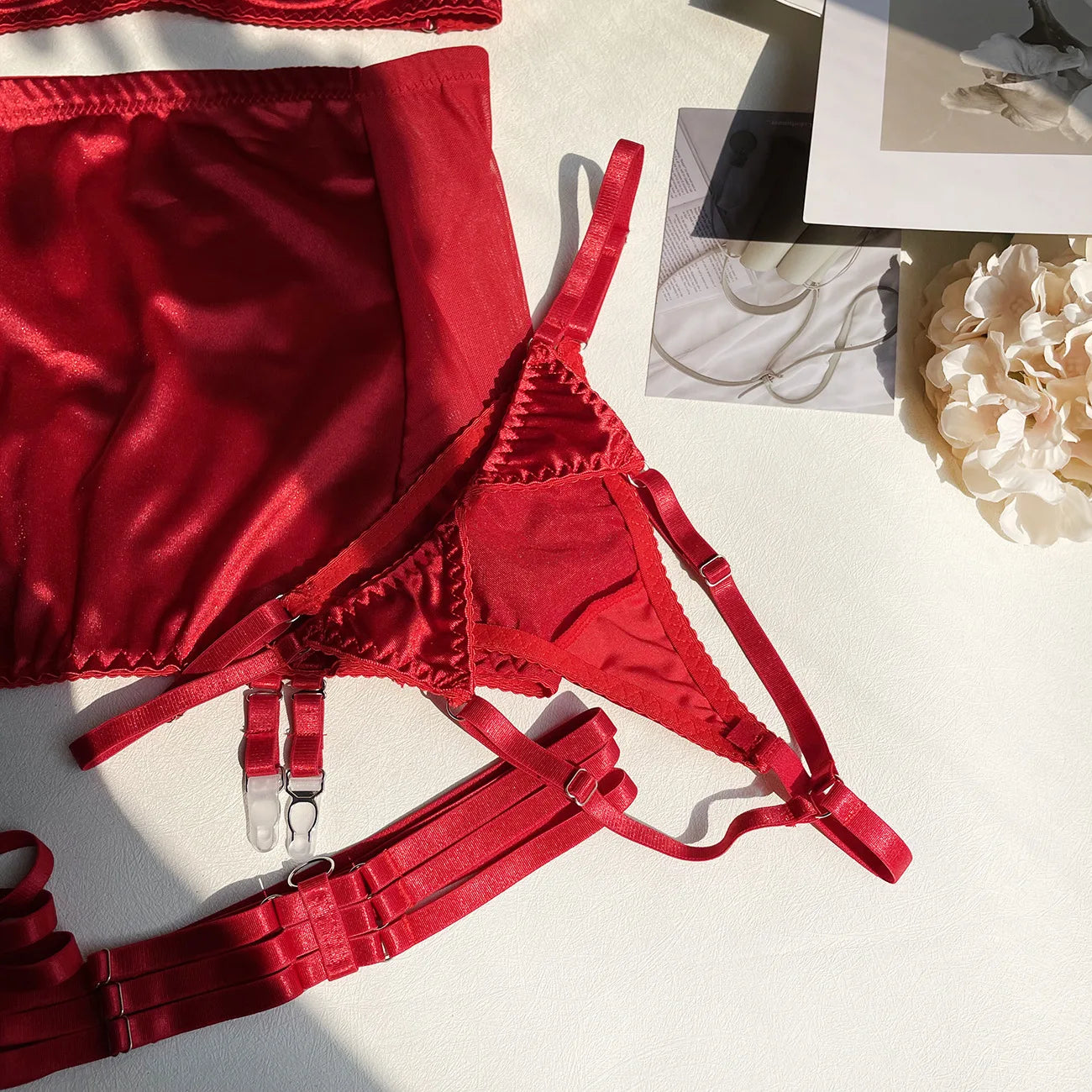 5 Piece Satin Lingerie Underwear Lace Seamless Intimate Skirt Bra And Briefs Outfit Set - The Clothing Company Sydney