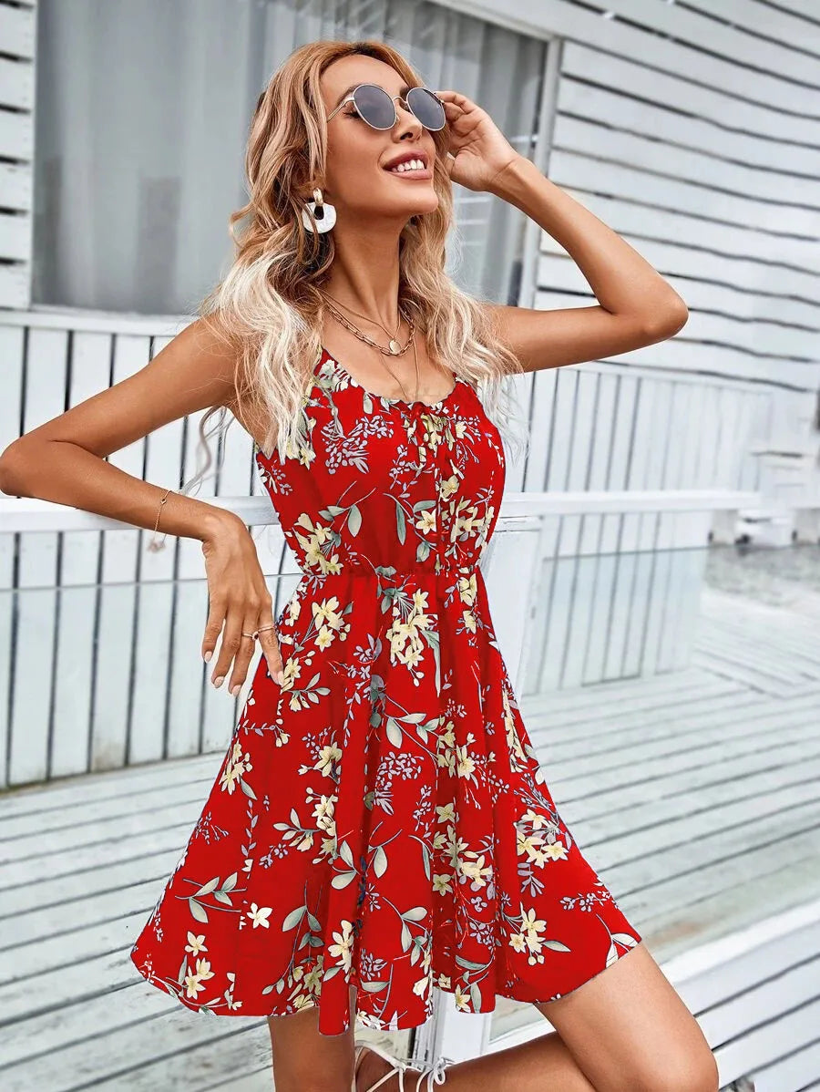 Floral Print Short Dress Women Summer Backless Beach Sundress Casual Sleeveless Lace-up Dresses - The Clothing Company Sydney