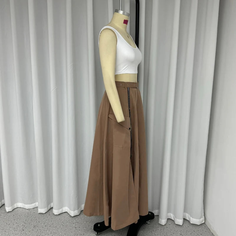 2 Piece Women's Solid Round Neck Sleeveless High Waist Vest Slim Top Loose With Pockets Zipper Long Skirt Matching Outfit Sets - The Clothing Company Sydney