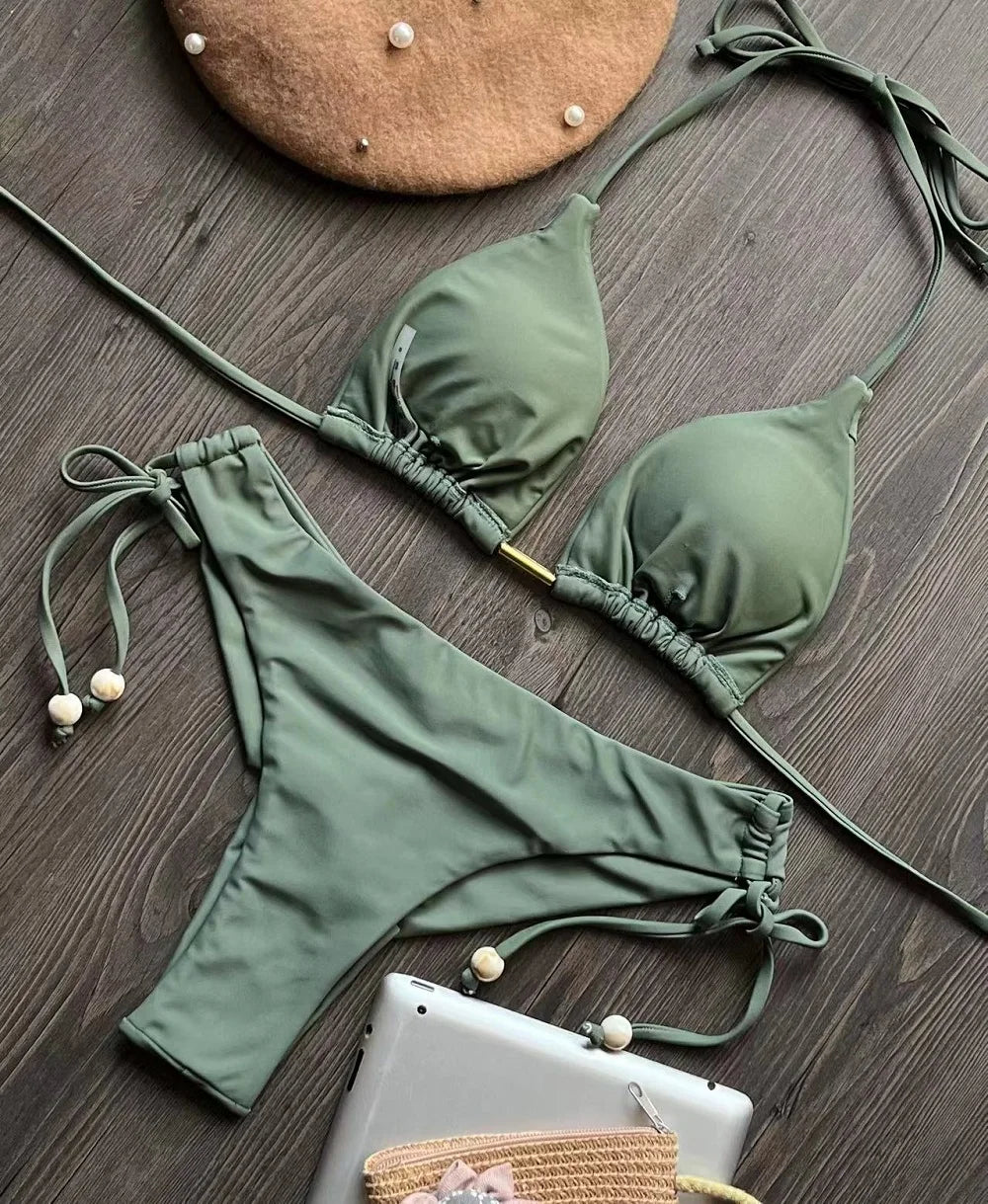 2 Piece Triangle Bathing Suit for Women Brazilian Bikinis Halter Swimwear Push Up Swimsuit Metal Chain Beach Bikini Set The Clothing Company Sydney