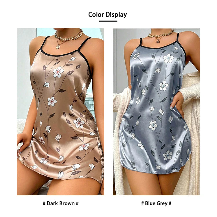 Women's Nightgown Satin Floral Print Spaghetti Strap Sleepwear Dress Luxurious Satin Slip Nightdress The Clothing Company Sydney