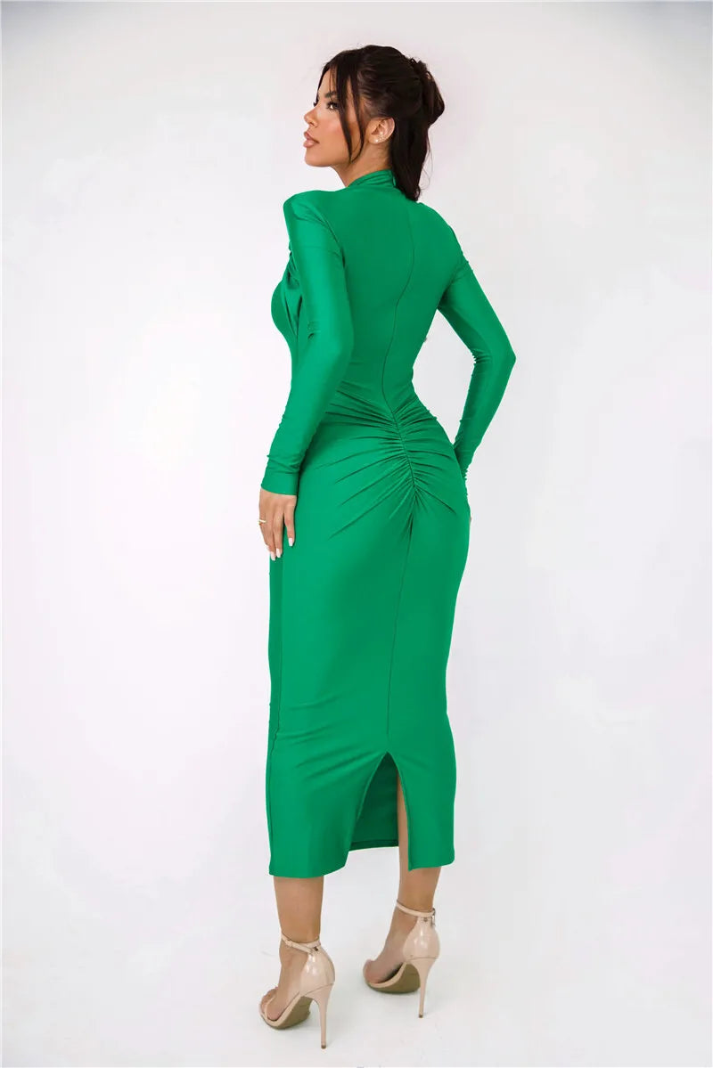 Hollow Out Long Sleeve Maxi Dress Gown Autumn Winter New Metal Buckle Ruched Slit Long Elegant Dress - The Clothing Company Sydney