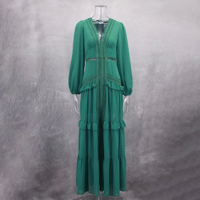 Women V-neck Lantern Long Sleeves Maxi Dress Elegant Patchwork Ruffles Hollow Lace Slim Summer Dress - The Clothing Company Sydney