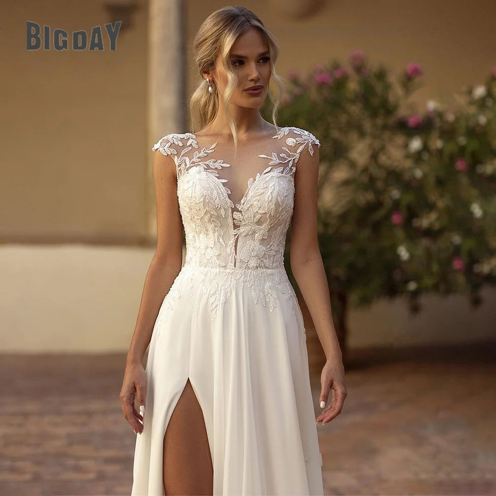 Elegant Boho Lace Wedding Dress Chiffon O-Neck Illusion Back Side Split Applique Bridal Party Gown Customised Wedding Dress The Clothing Company Sydney