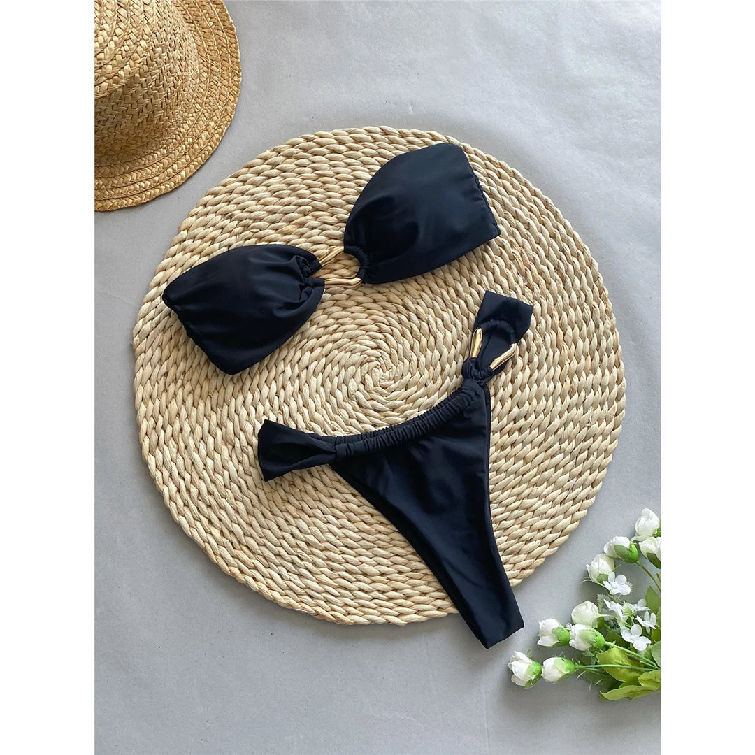 Bandeau High Leg Cut Metal Rings Bikini Swimsuit Swimwear Two-pieces Bikini set Bather Bathing Suit - The Clothing Company Sydney