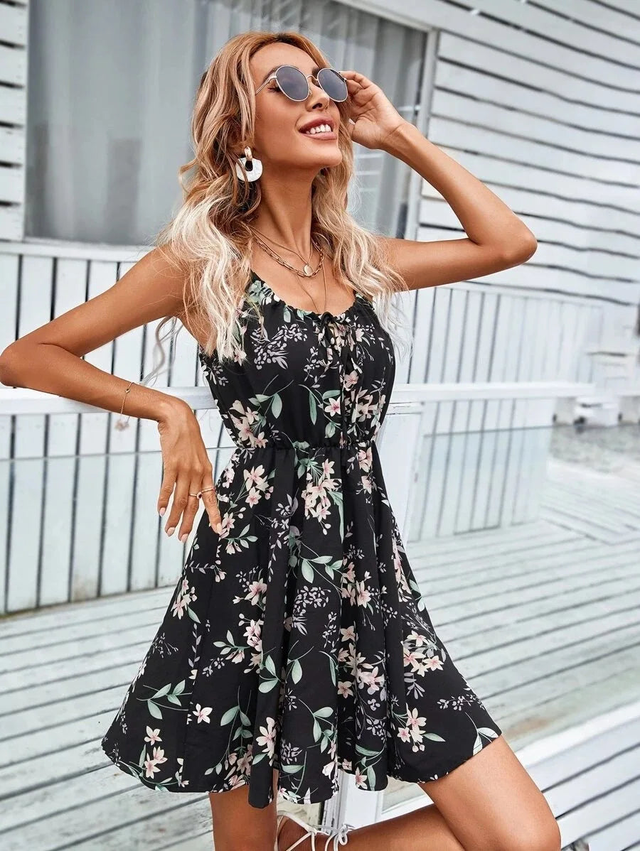 Floral Print Short Dress Women Summer Backless Beach Sundress Casual Sleeveless Lace-up Dresses - The Clothing Company Sydney