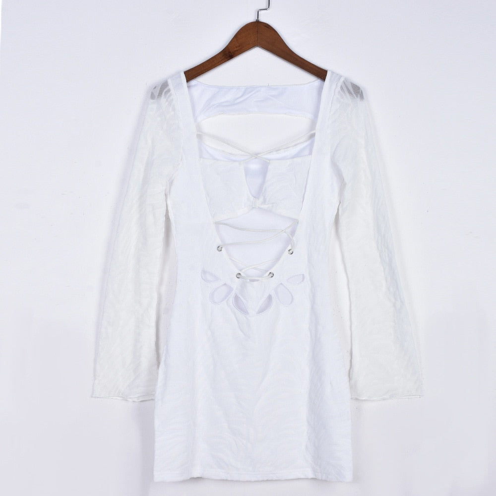 Textured Lace Up Bandage Mini Dress Outfit for Women Long Sleeve Bodycon Dresses Streetwear Spring Clothes The Clothing Company Sydney