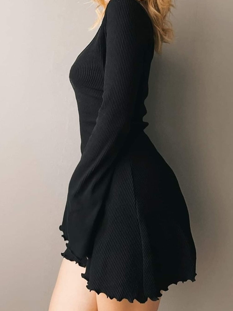 Casual Frill Long Sleeve Black Female Dress Slim Spring Autumn Mini Dresses Basic Fashion Elegant Outfit The Clothing Company Sydney
