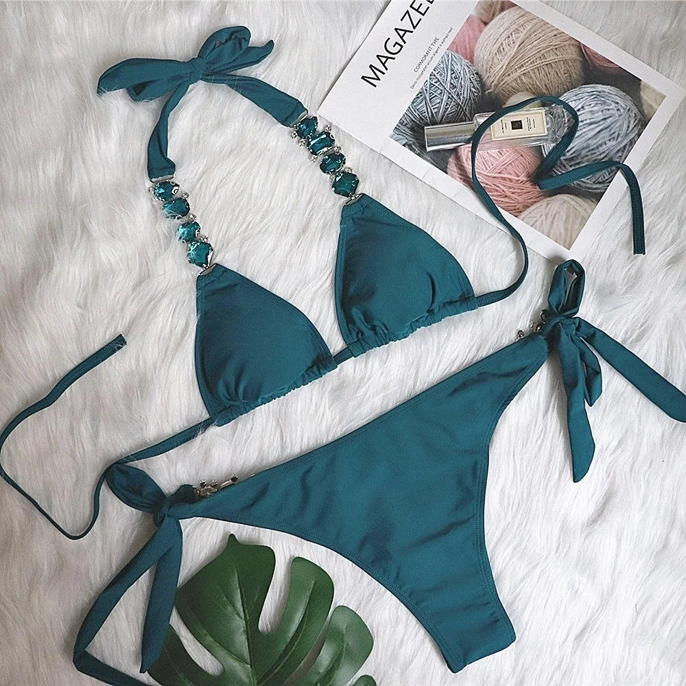 Rhinestone Two 2 Piece Swimsuit Crystal Thong String Bikini Set Women Swimwear Beach Wear Bathing Suit - The Clothing Company Sydney