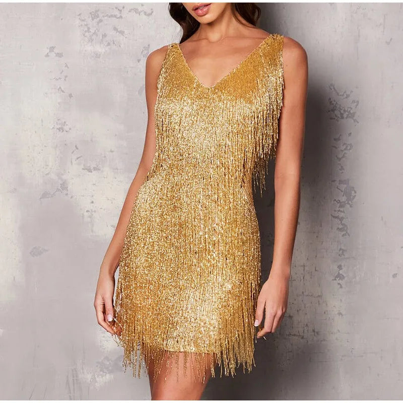 Tassel Sequins Feather Mini Dress Women's Spaghetti Strap Stitching Elegant Evening Party Club Dress - The Clothing Company Sydney
