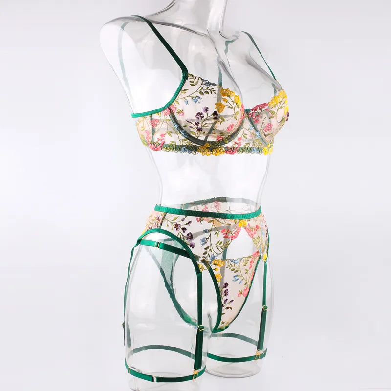 3 Piece Lingerie Sensual Lace Underwear Transparent Embroidery Garters Fancy Beautiful Bra Panties Intimate Set The Clothing Company Sydney