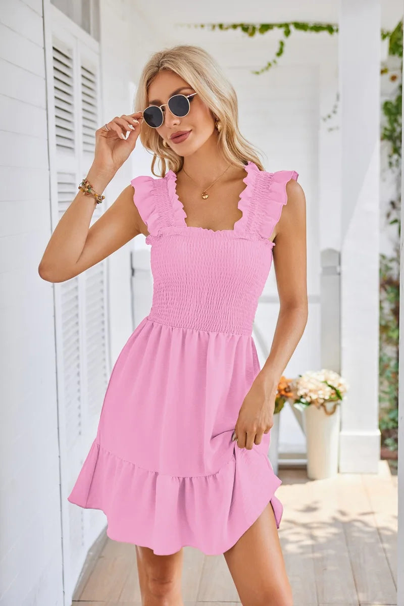Womens Summer Casual Boho Sleeveless Backless Square Neck Smocked Ruffle Mini Dress A-Line Swing Sundress - The Clothing Company Sydney