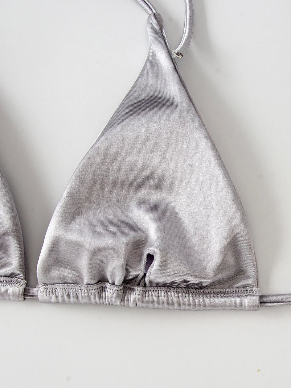 Metallic Halter Triangle Swimsuit Women Swimwear Bathing Suits Brazilian Thong Micro Bikinis Set Beach Wear - The Clothing Company Sydney