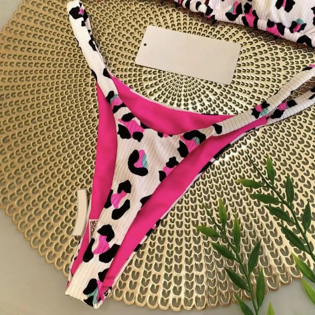 Two Piece Bikini Set Leopard Print Halter Bikini Set Cherry Print Thong Swimsuit High Waist Lace-up Bathing Suit - The Clothing Company Sydney