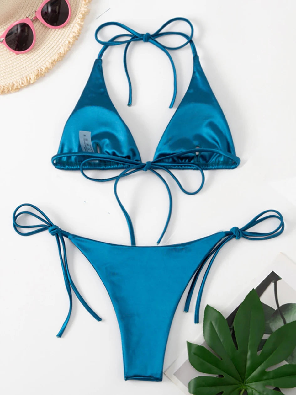 Metallic Halter Triangle Swimsuit Women Swimwear Bathing Suits Brazilian Thong Micro Bikinis Set Beach Wear - The Clothing Company Sydney