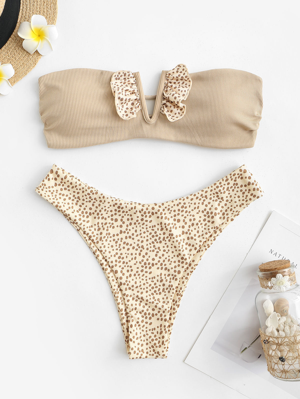Ribbed V-wire Frilled Animal Spotted Bikini Set Women Two-piece Swimwear Strapless Bathing suit The Clothing Company Sydney