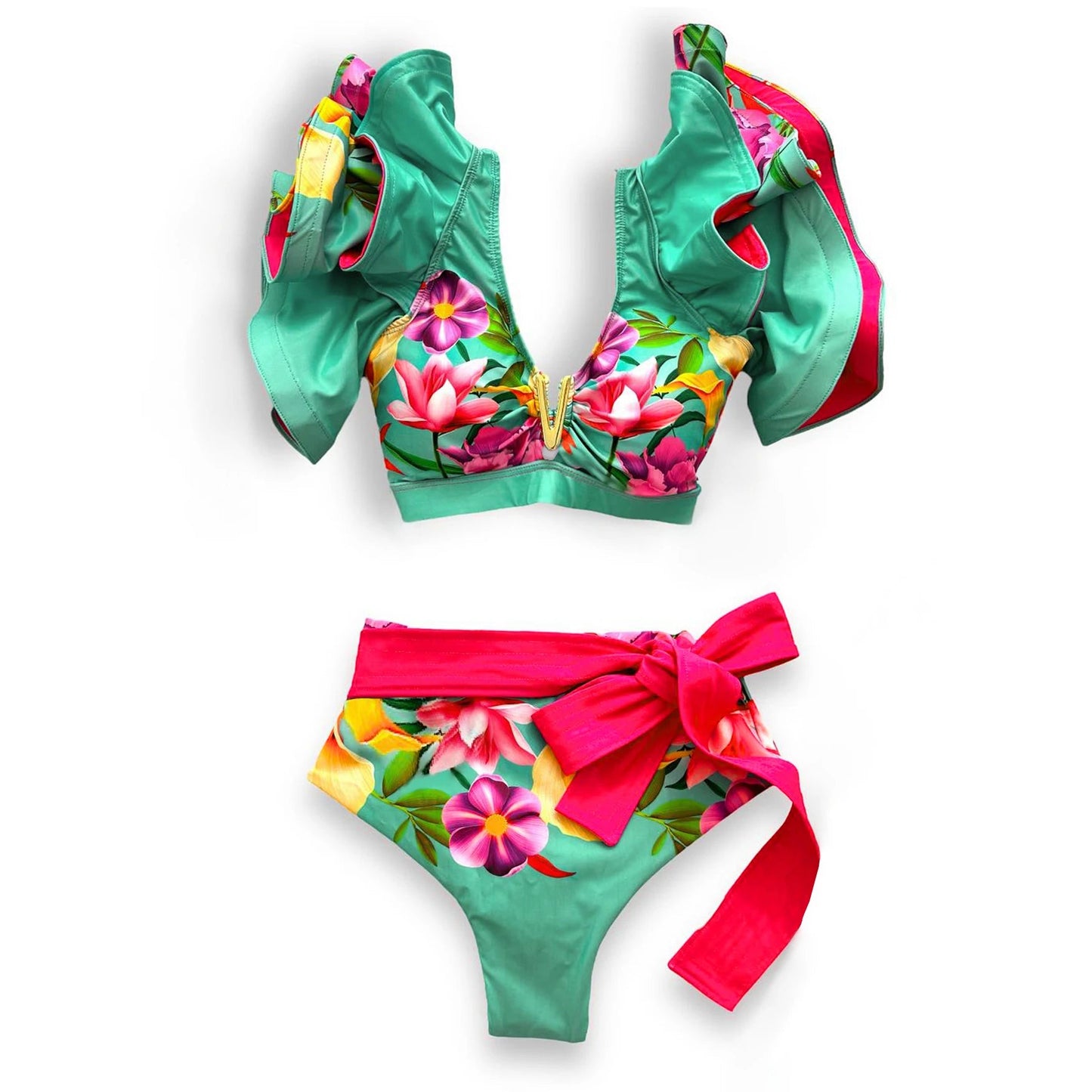 V-Neck High Waist Bikini Sets Shoulder Ruffled Printed Swimsuit Two Piece Swimwear Bathing Suits The Clothing Company Sydney