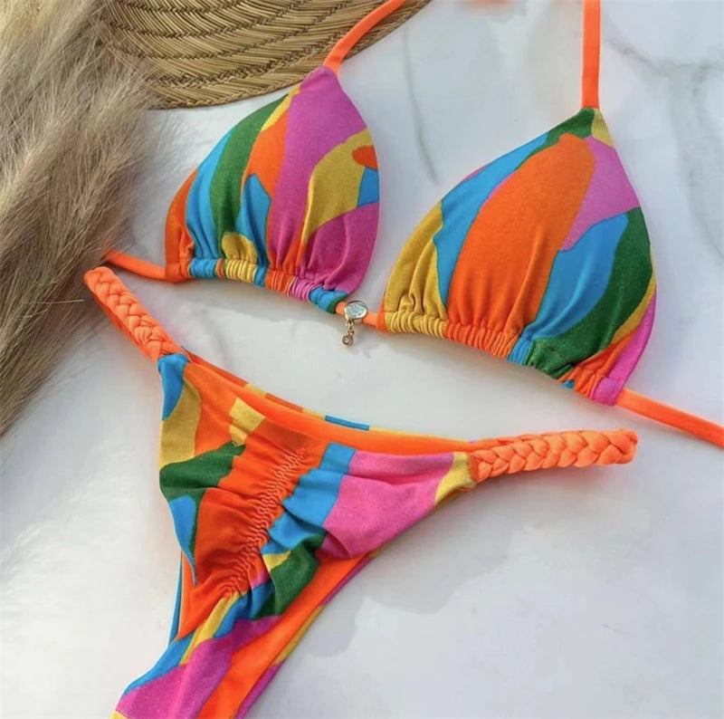 Women's Bikini Roped Swimsuit Set Split European And American Printed Beach Swimwear - The Clothing Company Sydney