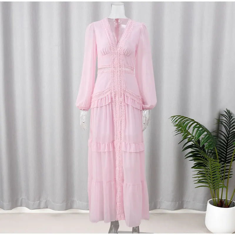 Women V-neck Lantern Long Sleeves Maxi Dress Elegant Patchwork Ruffles Hollow Lace Slim Summer Dress - The Clothing Company Sydney