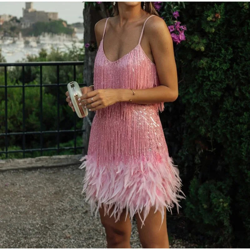 Tassel Sequins Feather Mini Dress Women's Spaghetti Strap Stitching Elegant Evening Party Club Dress - The Clothing Company Sydney