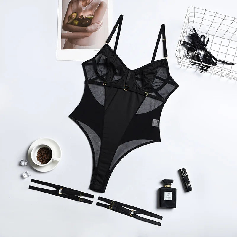Lace Bodysuit Women's Transparent Lingerie See Through Black Tights Fitness Sissy Crotchless Erotic Body - The Clothing Company Sydney