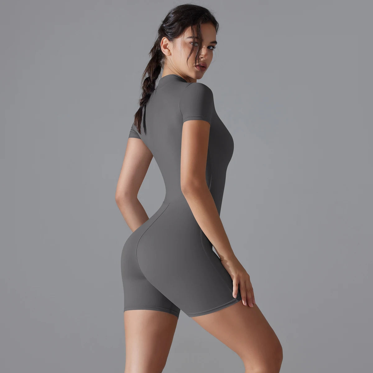 Yoga Set Women's Jumpsuits One-Piece Suit Zipper Short Sleeve Gym Push Up Workout Fitness Bodysuit Sportswear - The Clothing Company Sydney