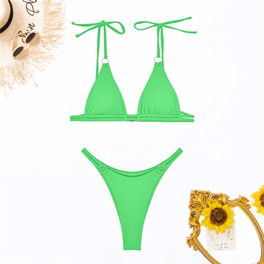 Ribbed High Leg Cut Bikini Swimwear Swimsuit Two-piece Bikini set Bather Bathing Suit - The Clothing Company Sydney